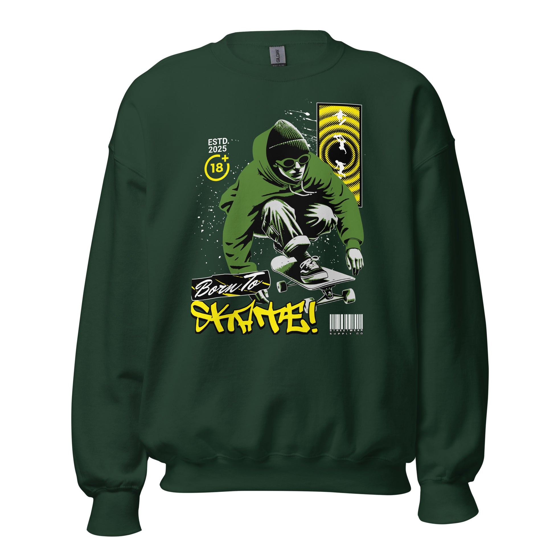 Unisex sweatshirt with “Born To Skate” graffiti design featuring green skater illustration, classic crewneck pullover by LostLogicCo Canada