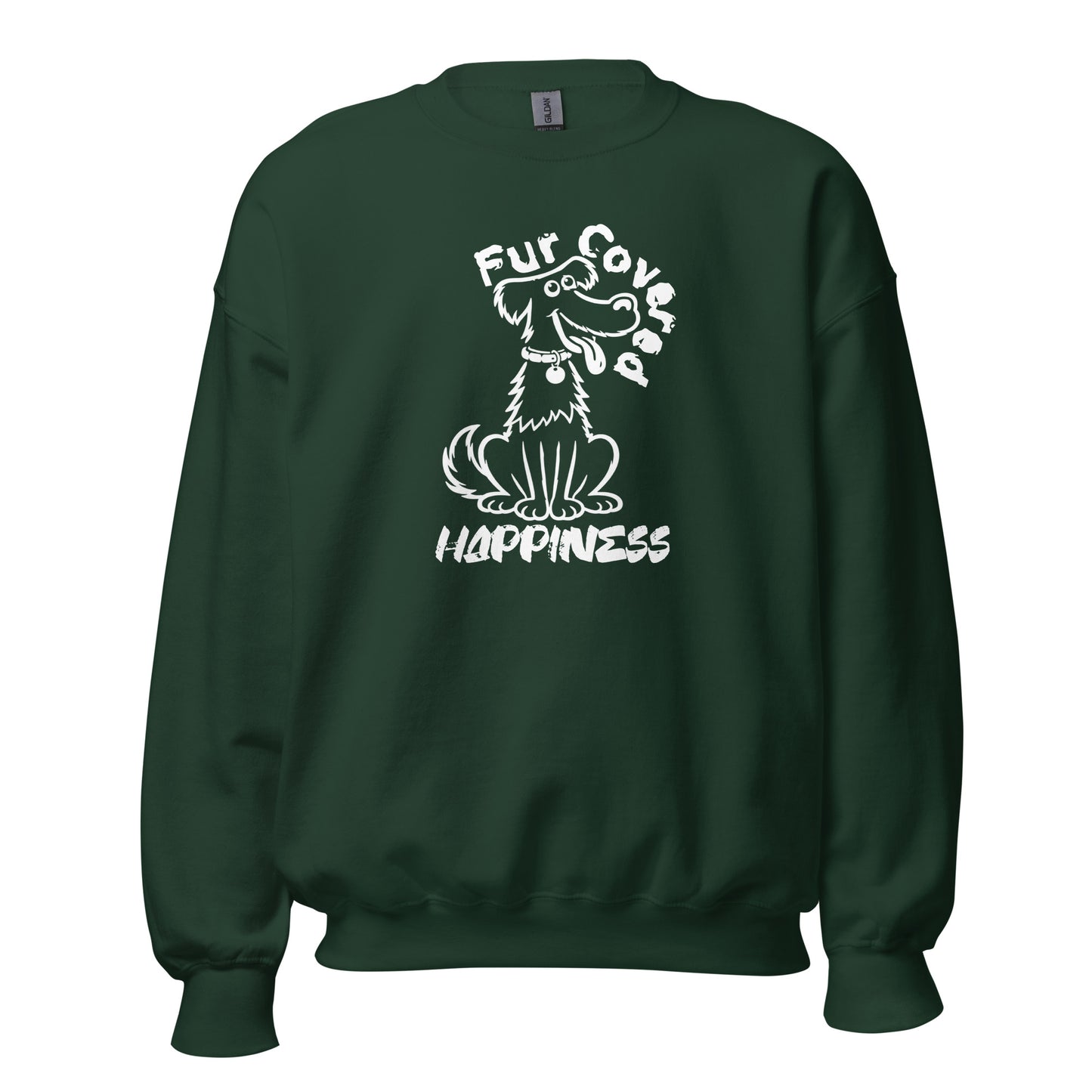 Fur Covered Happiness dog illustration printed on unisex crew neck sweatshirt