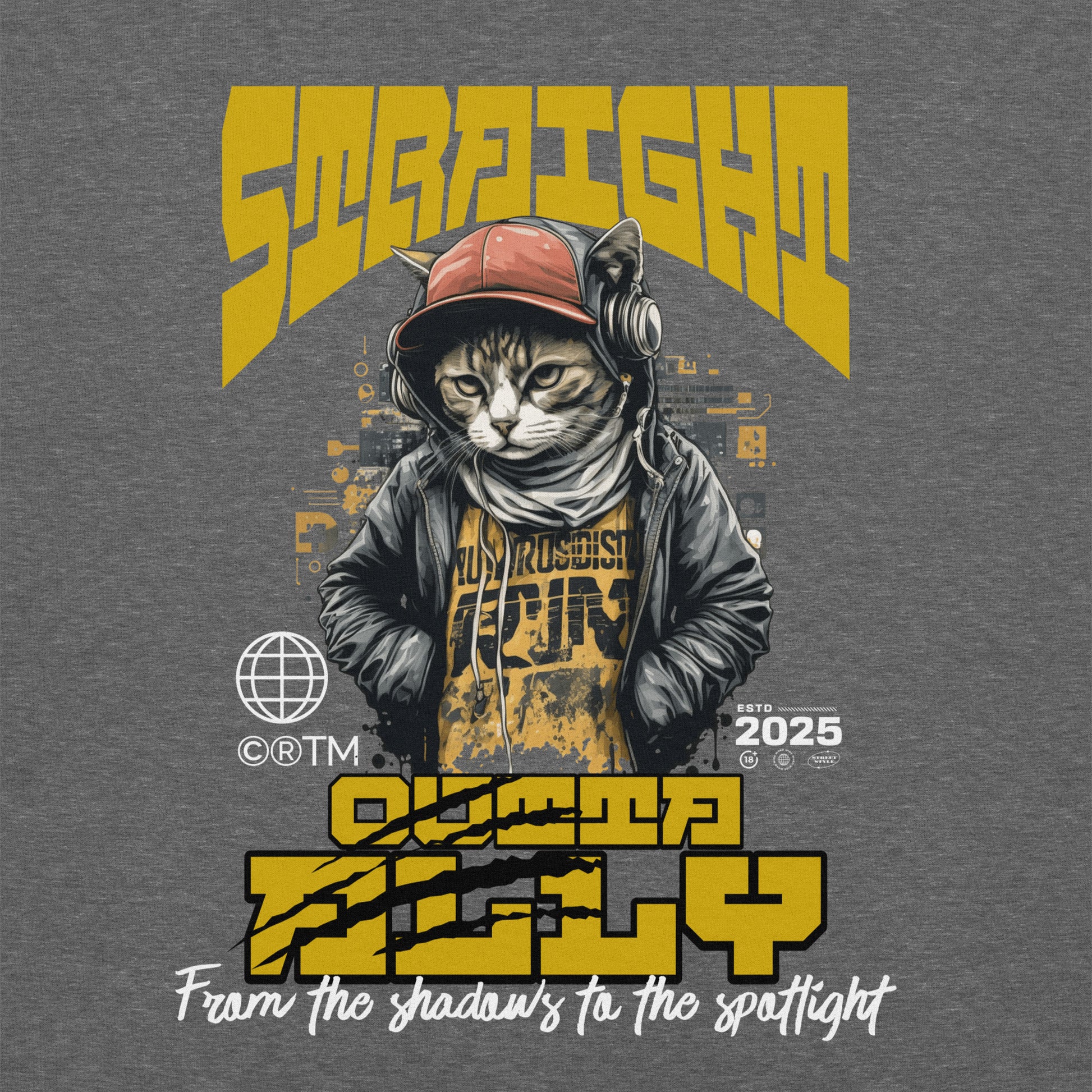 Unisex graphic sweatshirt with “Straight Outta Alley” cat design, cotton-poly crewneck by LostLogicCo Canada