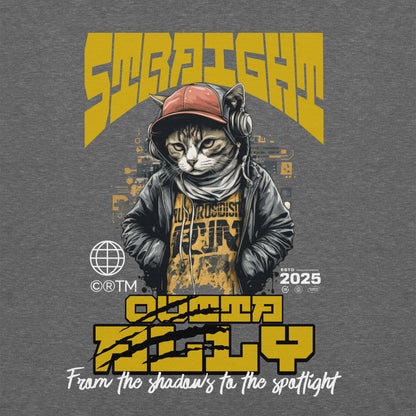 Unisex graphic sweatshirt with “Straight Outta Alley” cat design, cotton-poly crewneck by LostLogicCo Canada