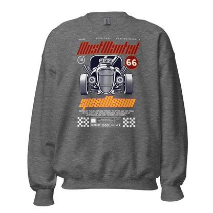 Unisex sweatshirt with “Most Wanted Speed Demon” retro hot rod design, classic crewneck pullover by LostLogicCo Canada