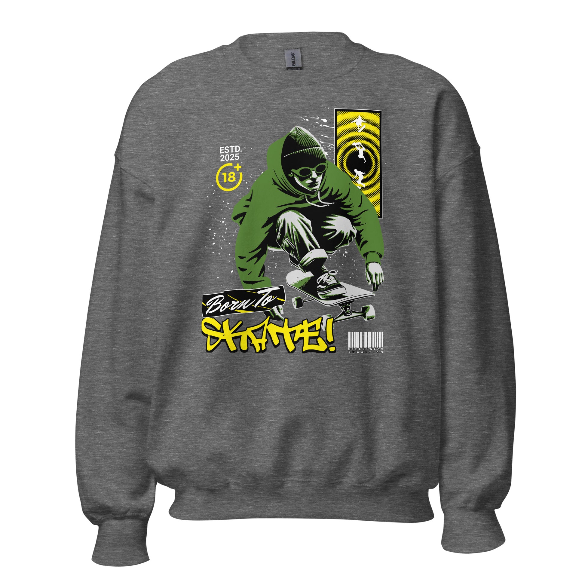Unisex sweatshirt with “Born To Skate” graffiti design featuring green skater illustration, classic crewneck pullover by LostLogicCo Canada