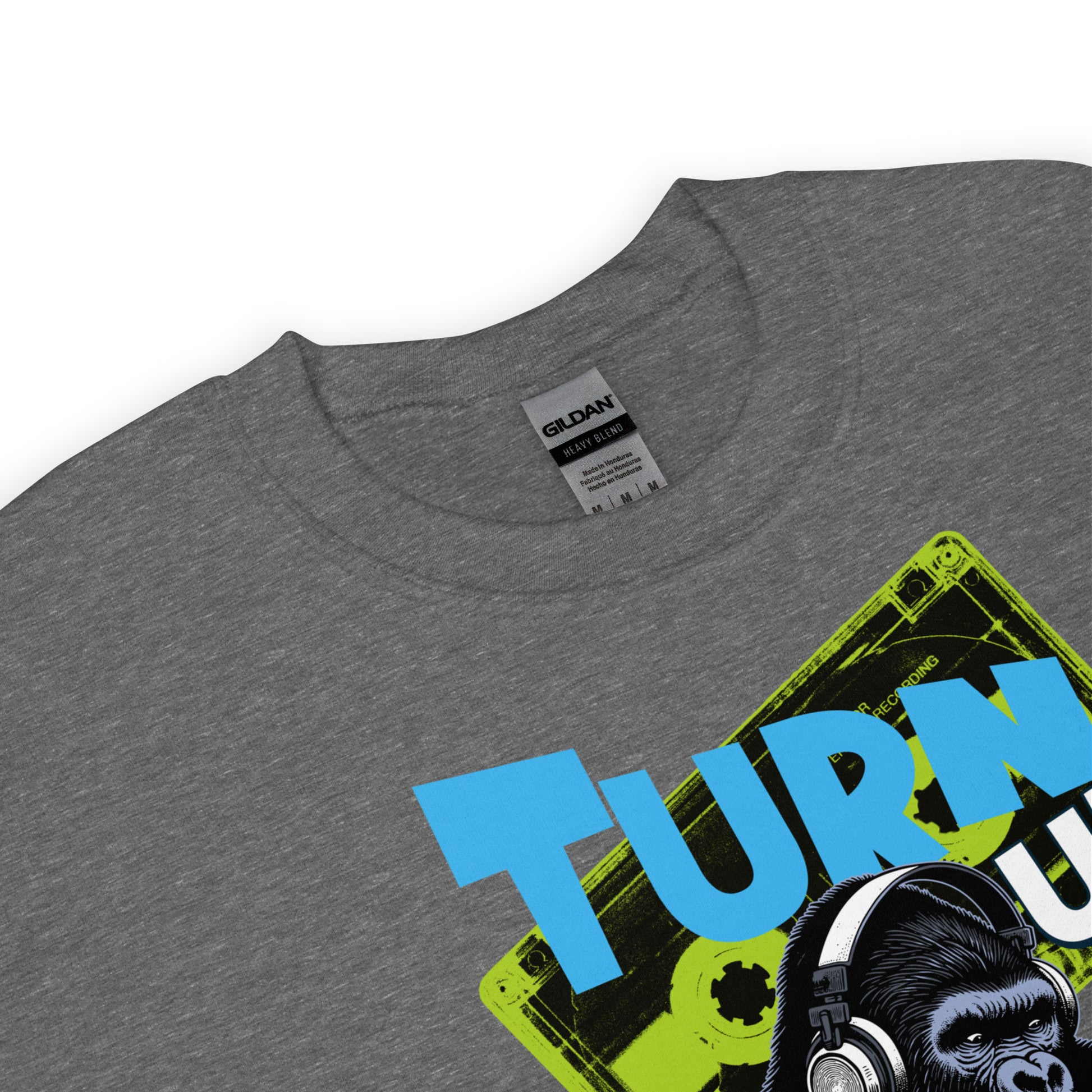 Unisex graphic sweatshirt with “Turn Up the Volume” gorilla design, cotton-poly crewneck by LostLogicCo Canada