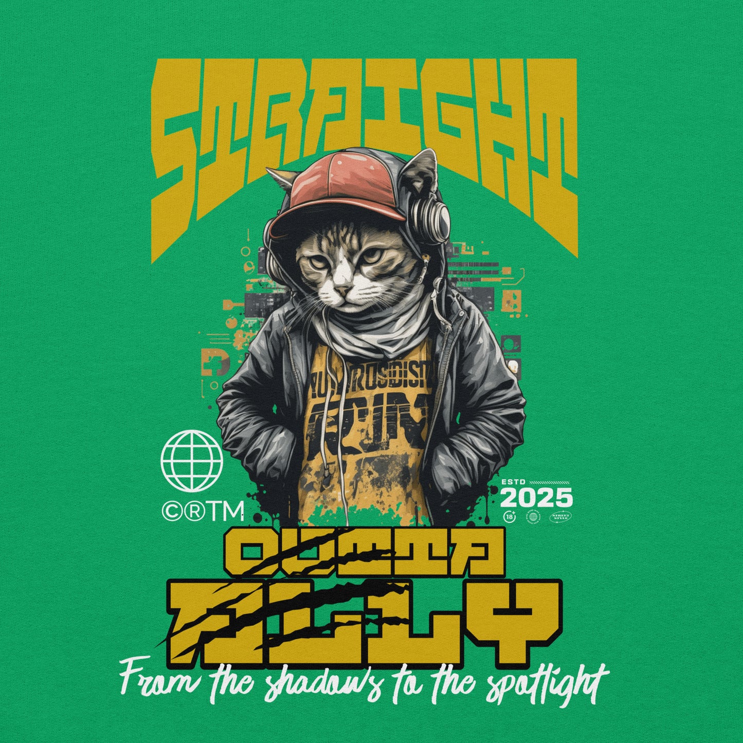 Unisex graphic sweatshirt with “Straight Outta Alley” cat design, cotton-poly crewneck by LostLogicCo Canada