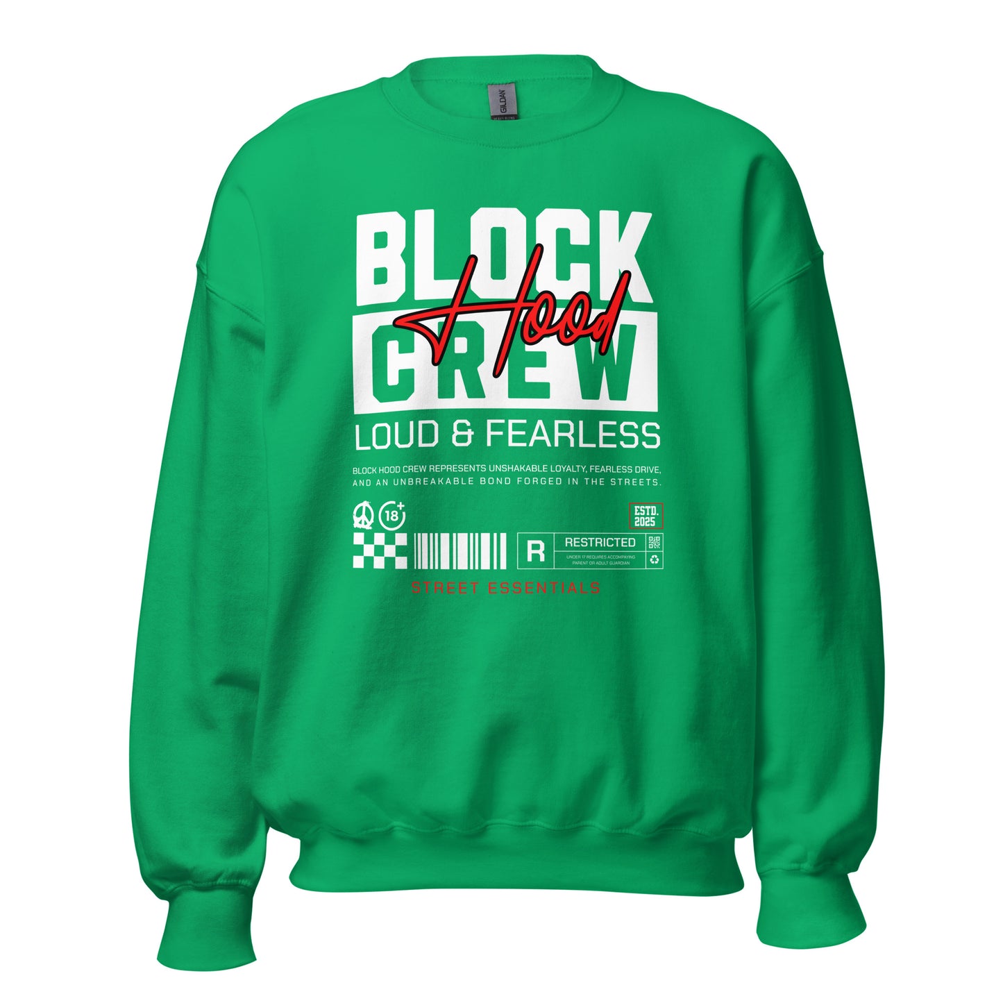 Unisex sweatshirt with “Block Hood Crew Loud & Fearless” typography in red and white, urban streetwear design by LostLogicCo Canada