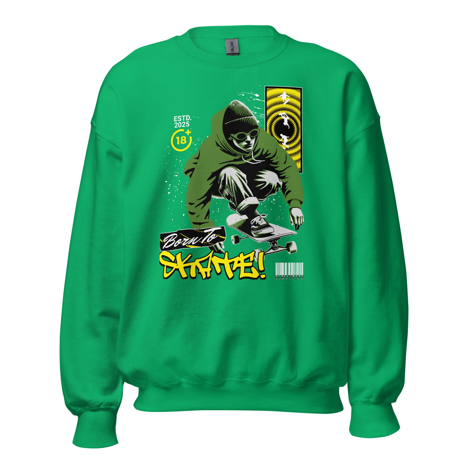 Unisex sweatshirt with “Born To Skate” graffiti design featuring green skater illustration, classic crewneck pullover by LostLogicCo Canada