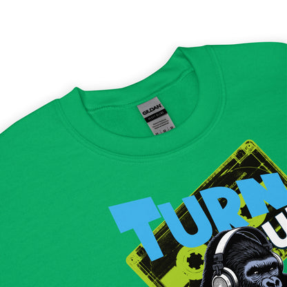 Unisex graphic sweatshirt with “Turn Up the Volume” gorilla design, cotton-poly crewneck by LostLogicCo Canada