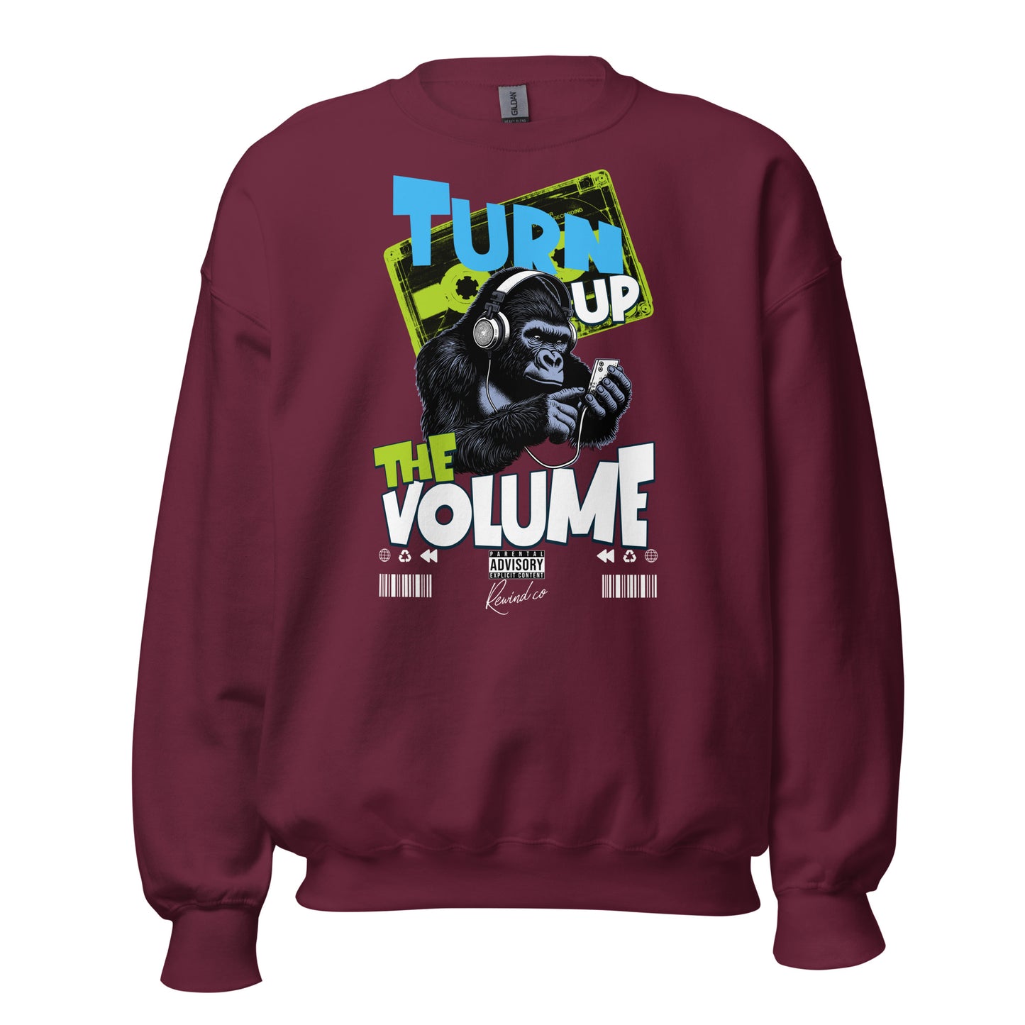 Unisex graphic sweatshirt with “Turn Up the Volume” gorilla design, cotton-poly crewneck by LostLogicCo Canada