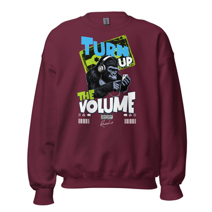 Unisex graphic sweatshirt with “Turn Up the Volume” gorilla design, cotton-poly crewneck by LostLogicCo Canada