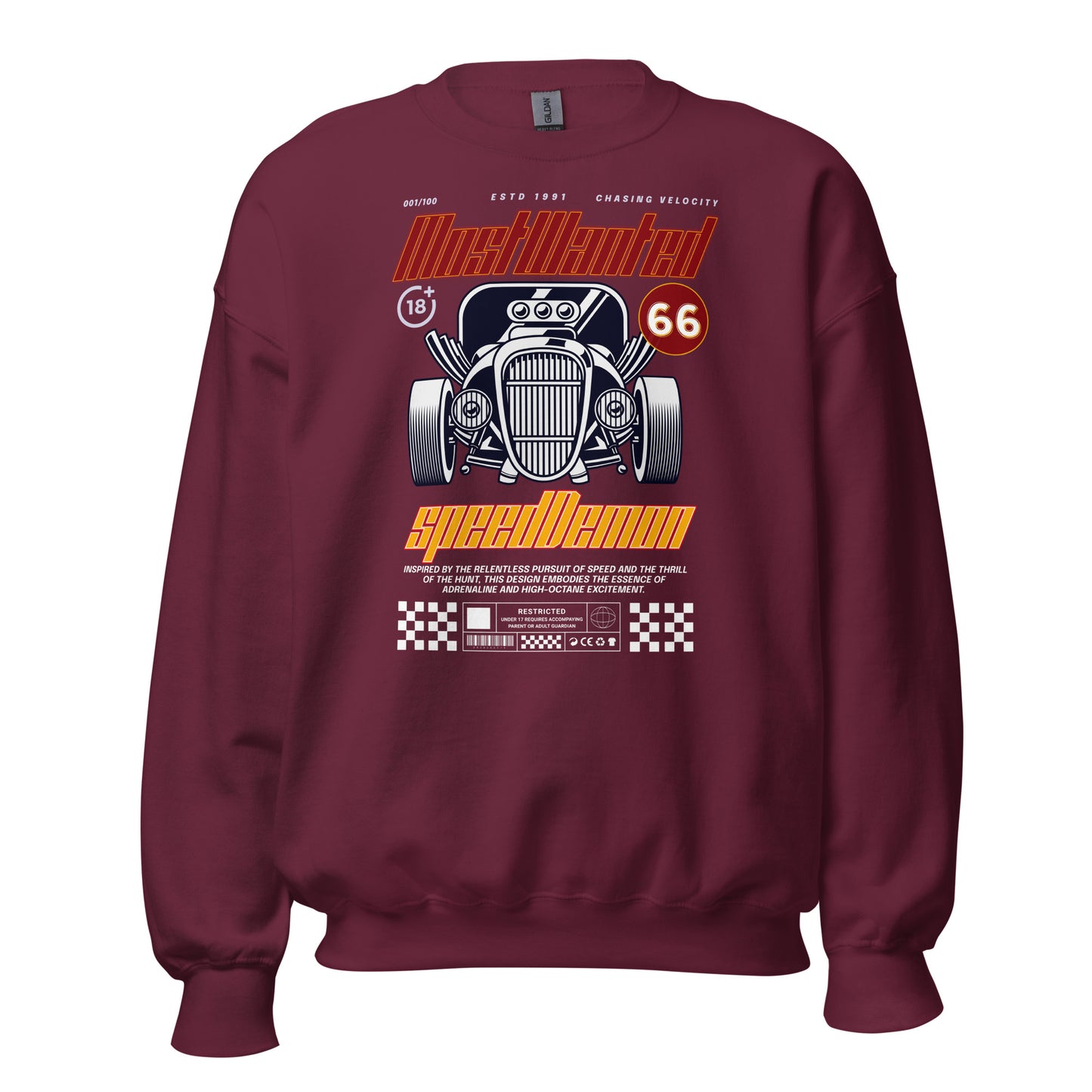 Unisex sweatshirt with “Most Wanted Speed Demon” retro hot rod design, classic crewneck pullover by LostLogicCo Canada