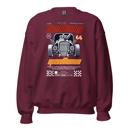 Unisex sweatshirt with “Most Wanted Speed Demon” retro hot rod design, classic crewneck pullover by LostLogicCo Canada