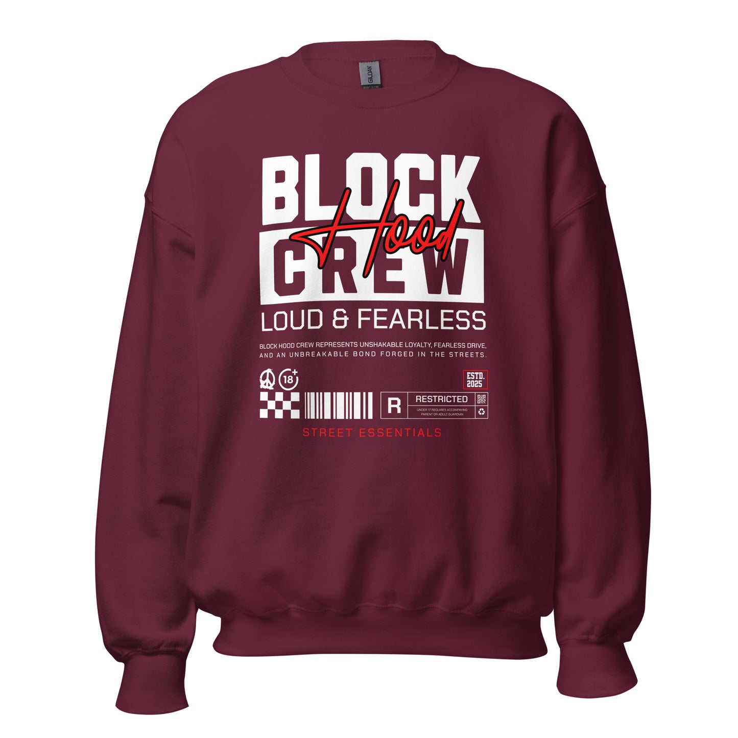 Unisex sweatshirt with “Block Hood Crew Loud & Fearless” typography in red and white, urban streetwear design by LostLogicCo Canada