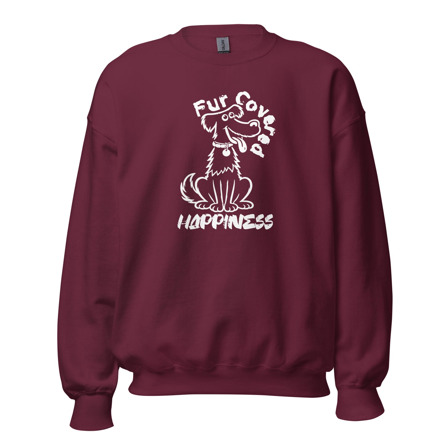 Fur Covered Happiness dog illustration printed on unisex crew neck sweatshirt