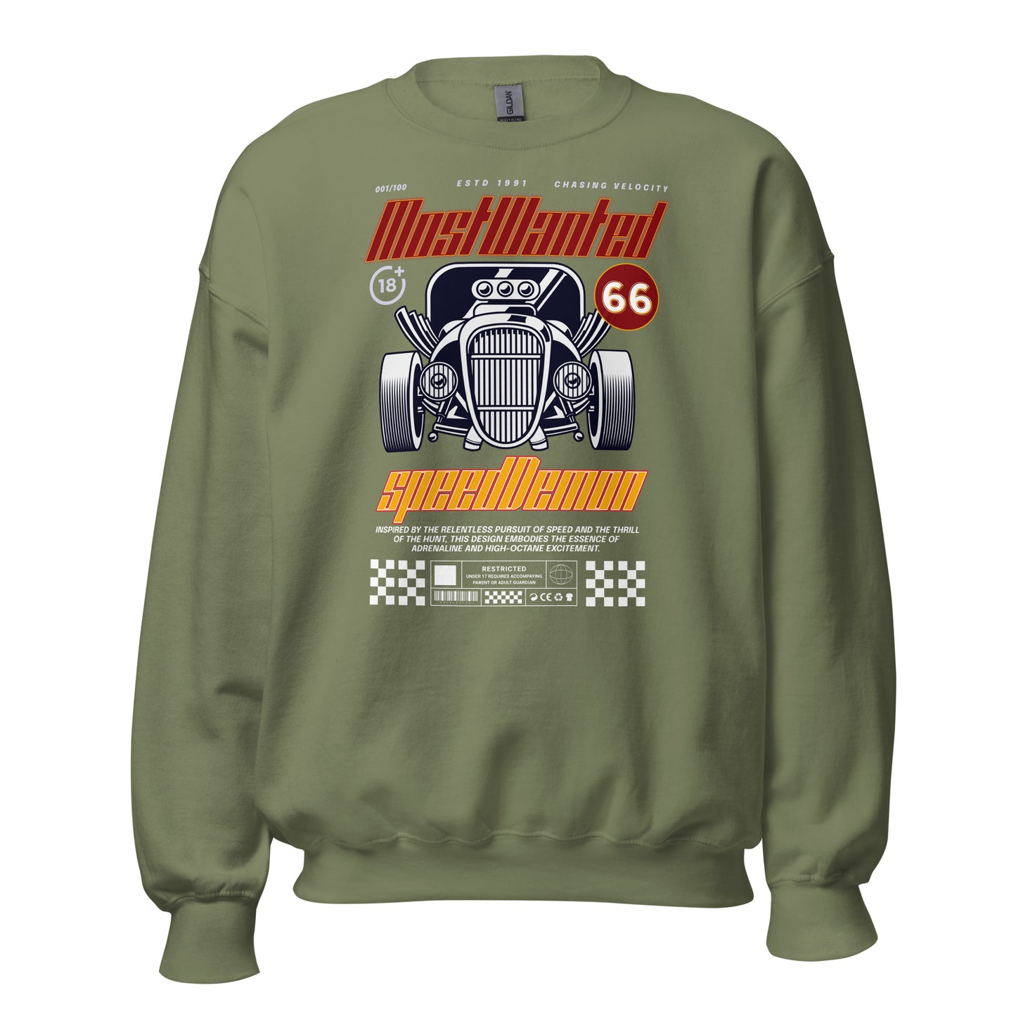 Unisex sweatshirt with “Most Wanted Speed Demon” retro hot rod design, classic crewneck pullover by LostLogicCo Canada