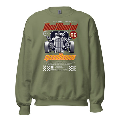 Unisex sweatshirt with “Most Wanted Speed Demon” retro hot rod design, classic crewneck pullover by LostLogicCo Canada