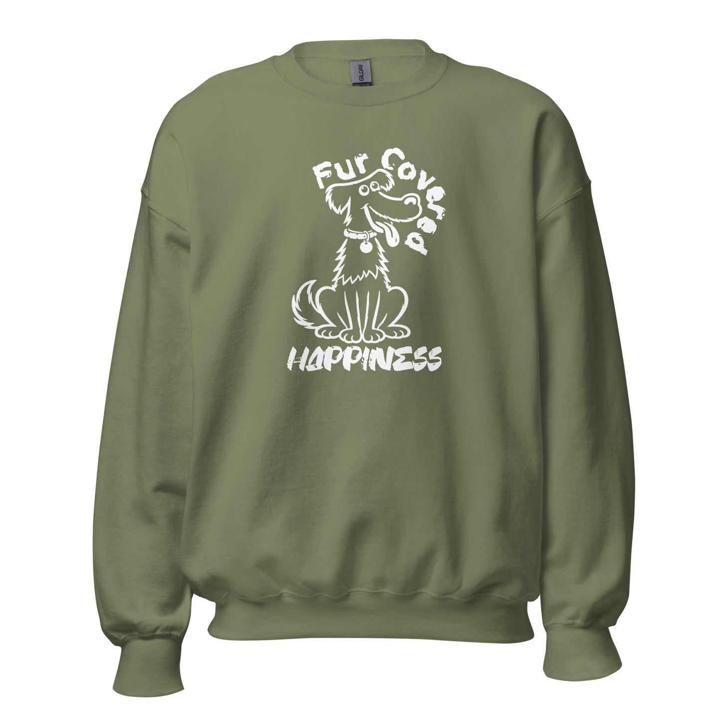 Fur Covered Happiness dog illustration printed on unisex crew neck sweatshirt