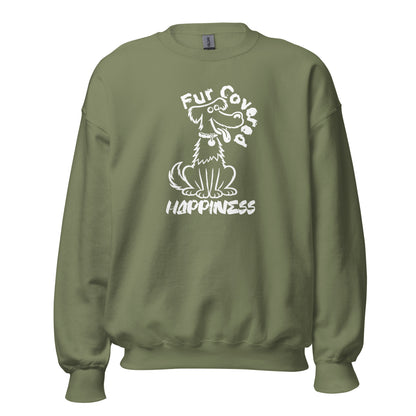 Fur Covered Happiness dog illustration printed on unisex crew neck sweatshirt