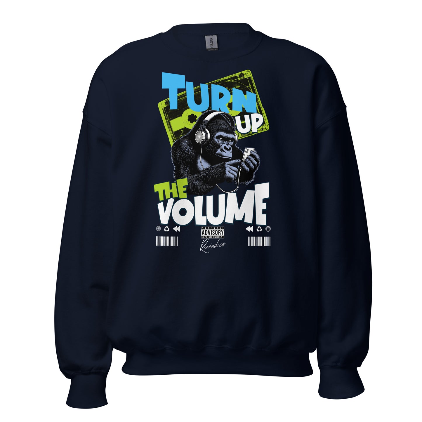 Unisex graphic sweatshirt with “Turn Up the Volume” gorilla design, cotton-poly crewneck by LostLogicCo Canada