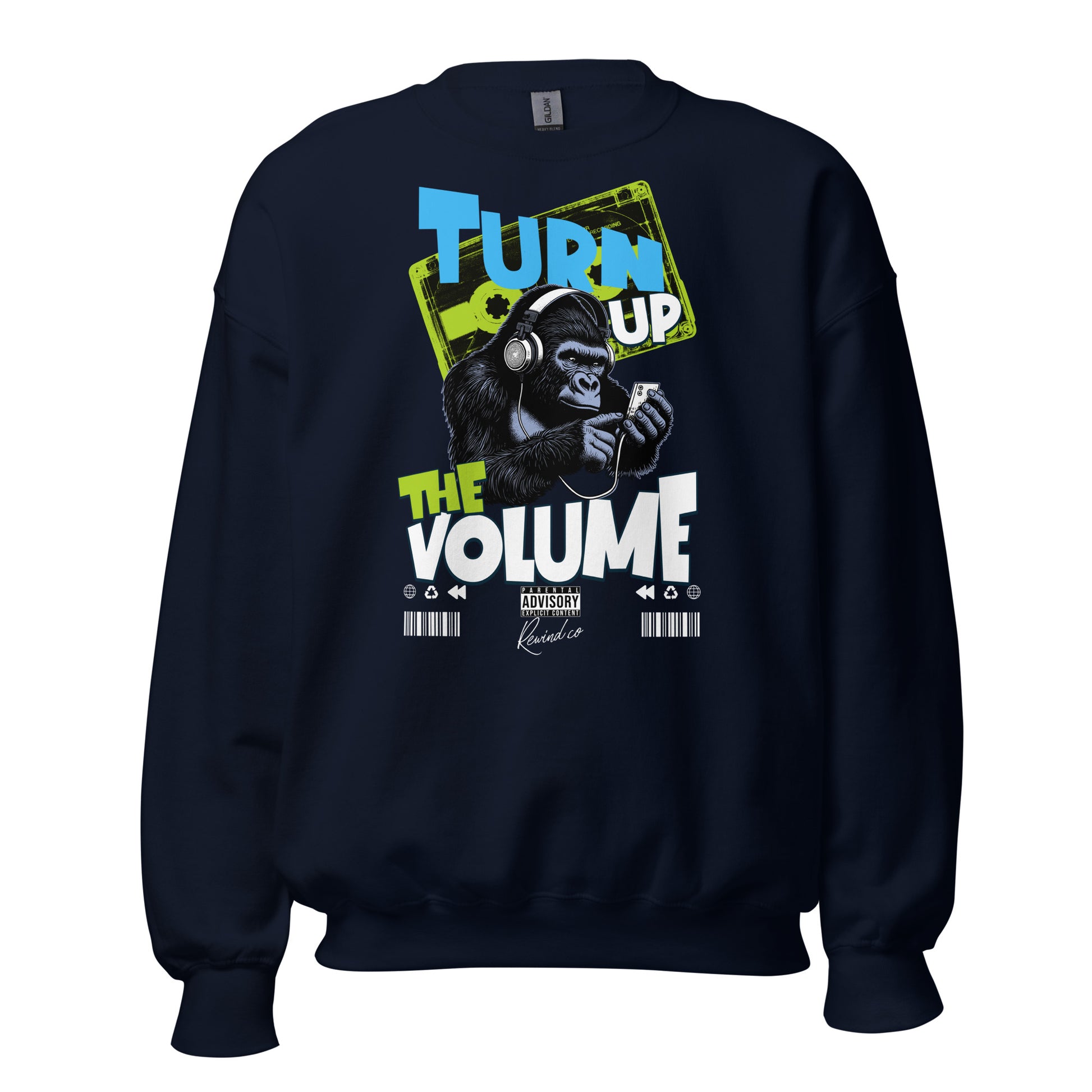 Unisex graphic sweatshirt with “Turn Up the Volume” gorilla design, cotton-poly crewneck by LostLogicCo Canada