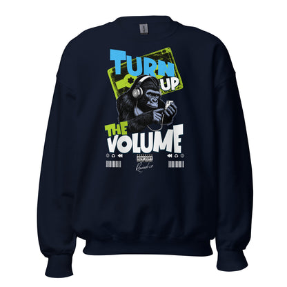 Unisex graphic sweatshirt with “Turn Up the Volume” gorilla design, cotton-poly crewneck by LostLogicCo Canada
