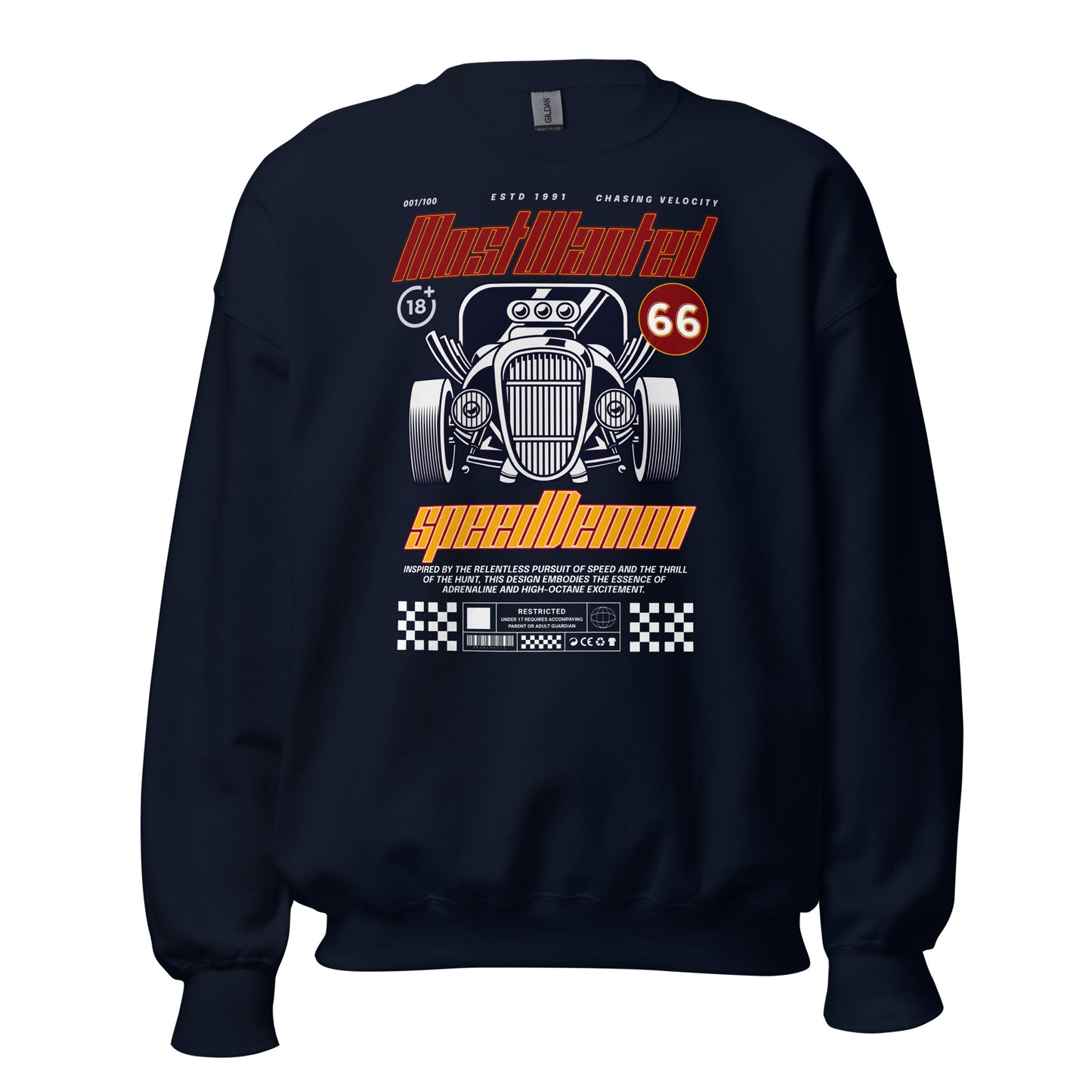 Unisex sweatshirt with “Most Wanted Speed Demon” retro hot rod design, classic crewneck pullover by LostLogicCo Canada