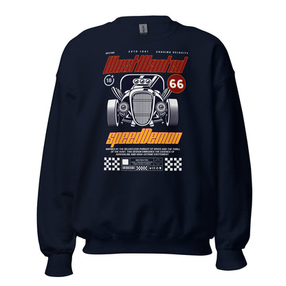 Unisex sweatshirt with “Most Wanted Speed Demon” retro hot rod design, classic crewneck pullover by LostLogicCo Canada