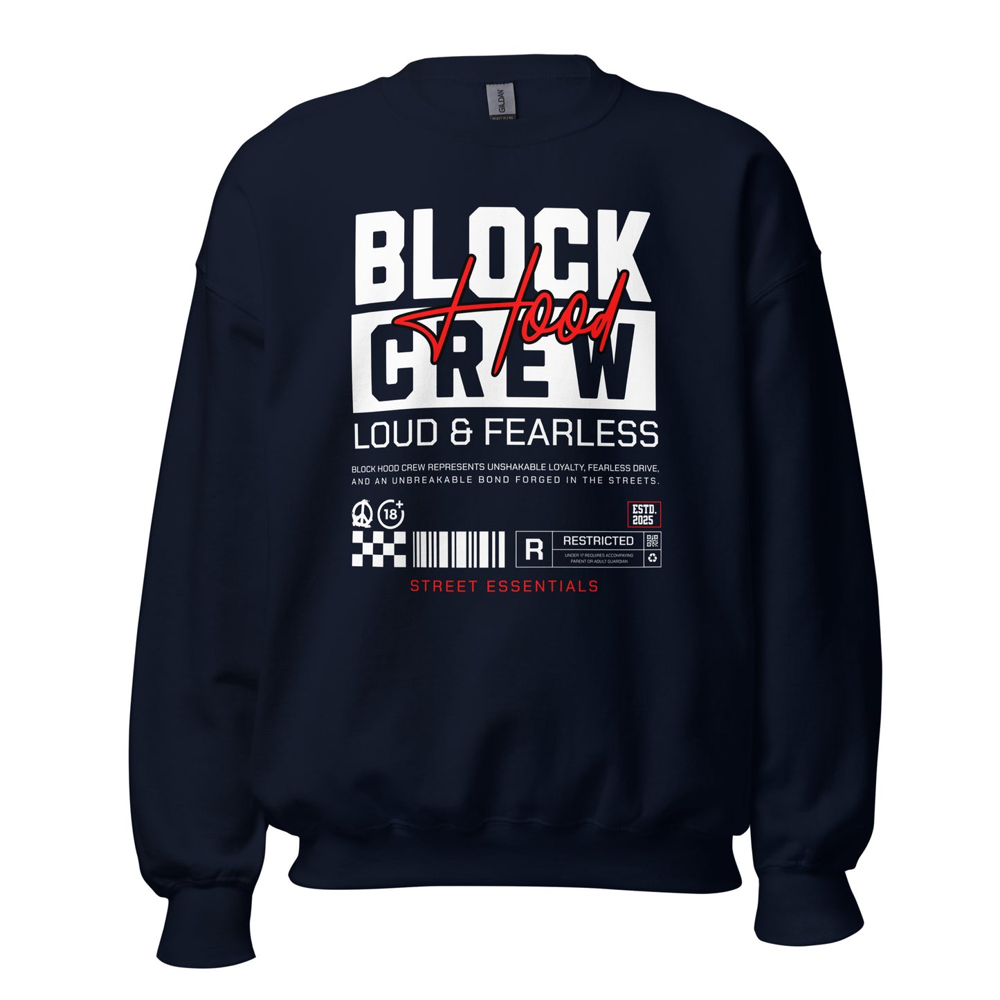 Unisex sweatshirt with “Block Hood Crew Loud & Fearless” typography in red and white, urban streetwear design by LostLogicCo Canada