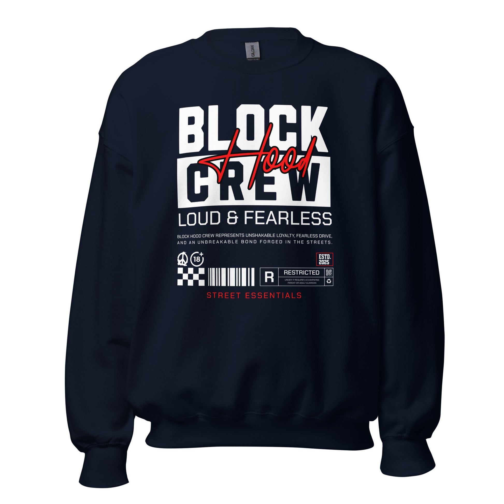 Unisex sweatshirt with “Block Hood Crew Loud & Fearless” typography in red and white, urban streetwear design by LostLogicCo Canada