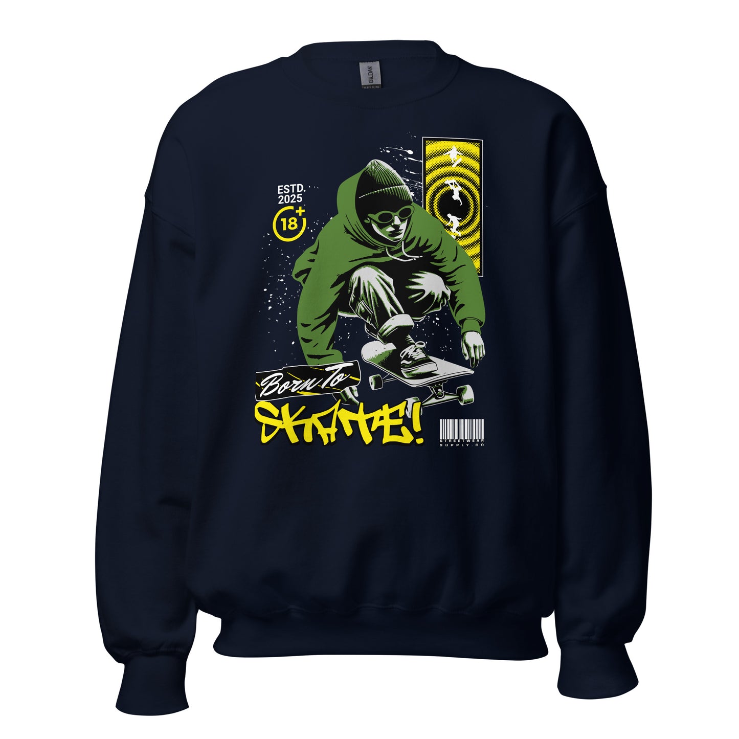 Unisex sweatshirt with “Born To Skate” graffiti design featuring green skater illustration, classic crewneck pullover by LostLogicCo Canada