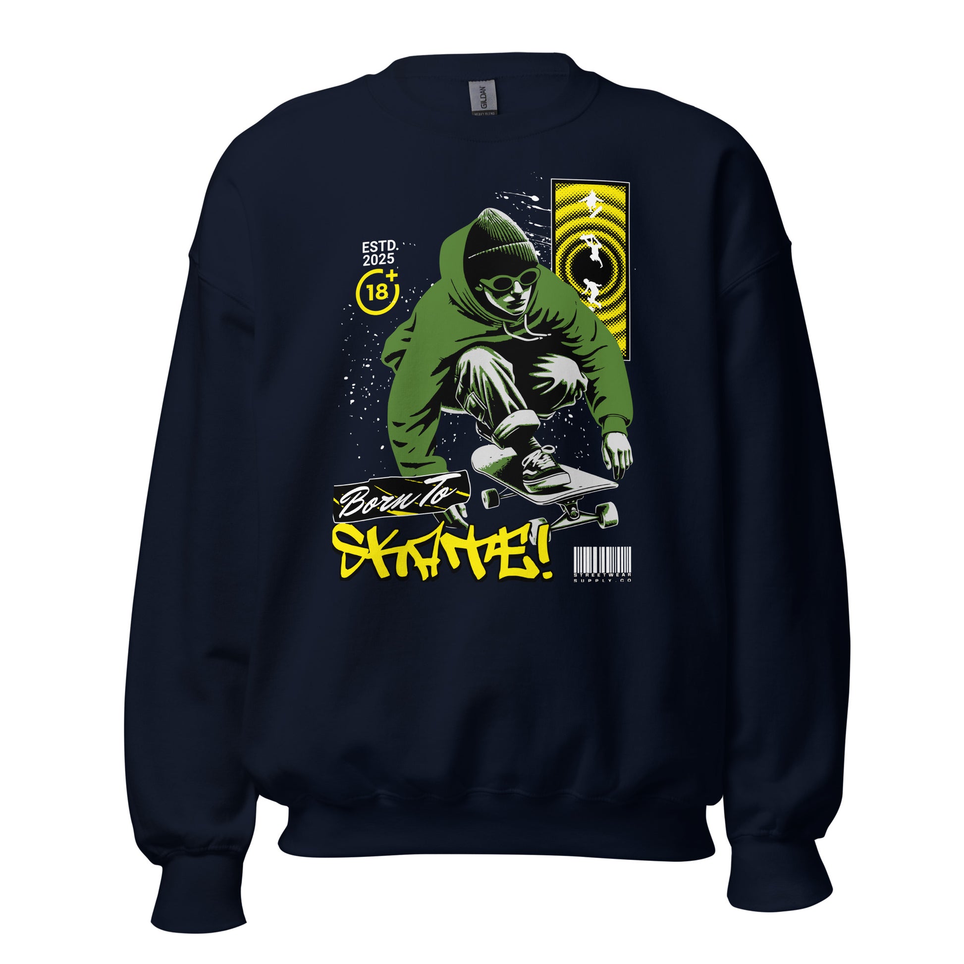 Unisex sweatshirt with “Born To Skate” graffiti design featuring green skater illustration, classic crewneck pullover by LostLogicCo Canada