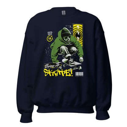 Unisex sweatshirt with “Born To Skate” graffiti design featuring green skater illustration, classic crewneck pullover by LostLogicCo Canada
