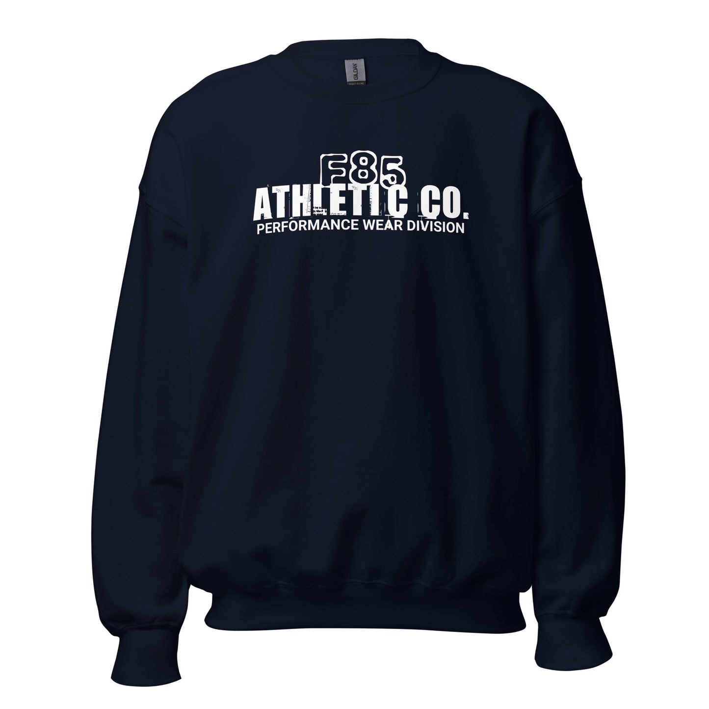 Unisex sweatshirt with “F85 Athletic Co. Performance Wear Division” minimalist front print in white, classic crewneck pullover by LostLogicCo Canada