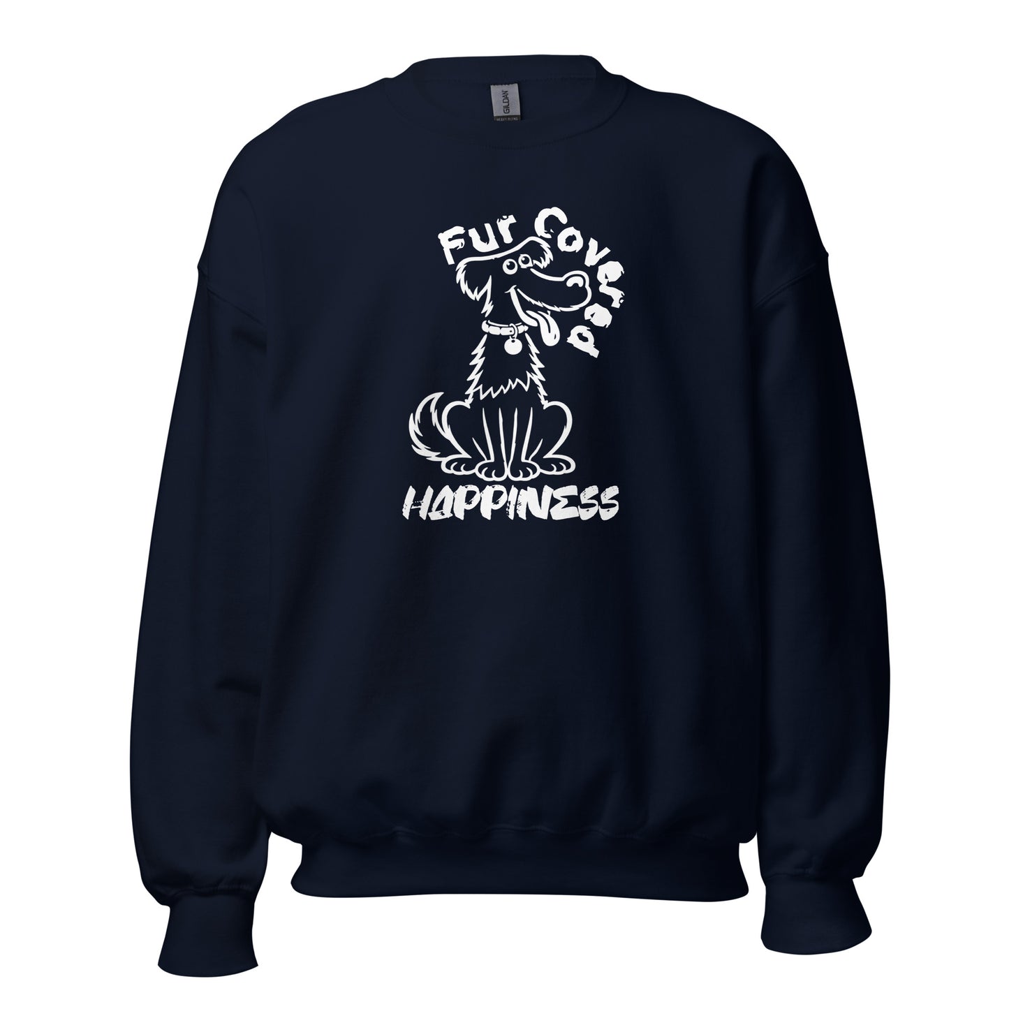 Fur Covered Happiness dog illustration printed on unisex crew neck sweatshirt