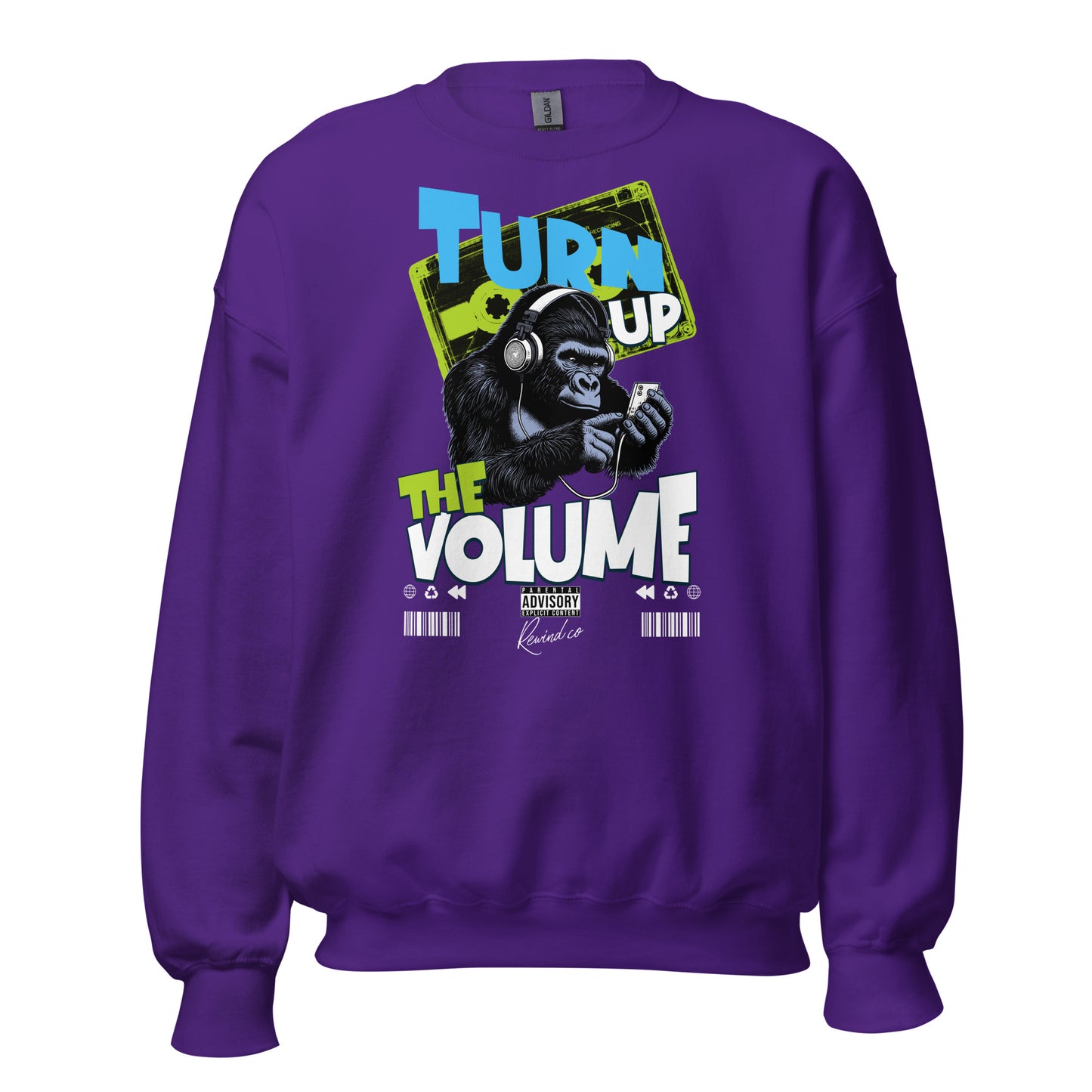 Unisex graphic sweatshirt with “Turn Up the Volume” gorilla design, cotton-poly crewneck by LostLogicCo Canada