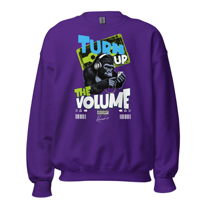 Unisex graphic sweatshirt with “Turn Up the Volume” gorilla design, cotton-poly crewneck by LostLogicCo Canada