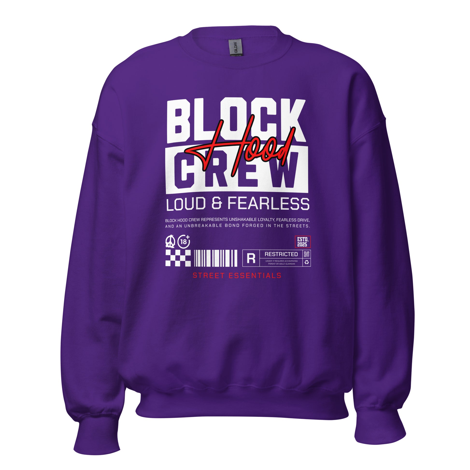 Unisex sweatshirt with “Block Hood Crew Loud & Fearless” typography in red and white, urban streetwear design by LostLogicCo Canada