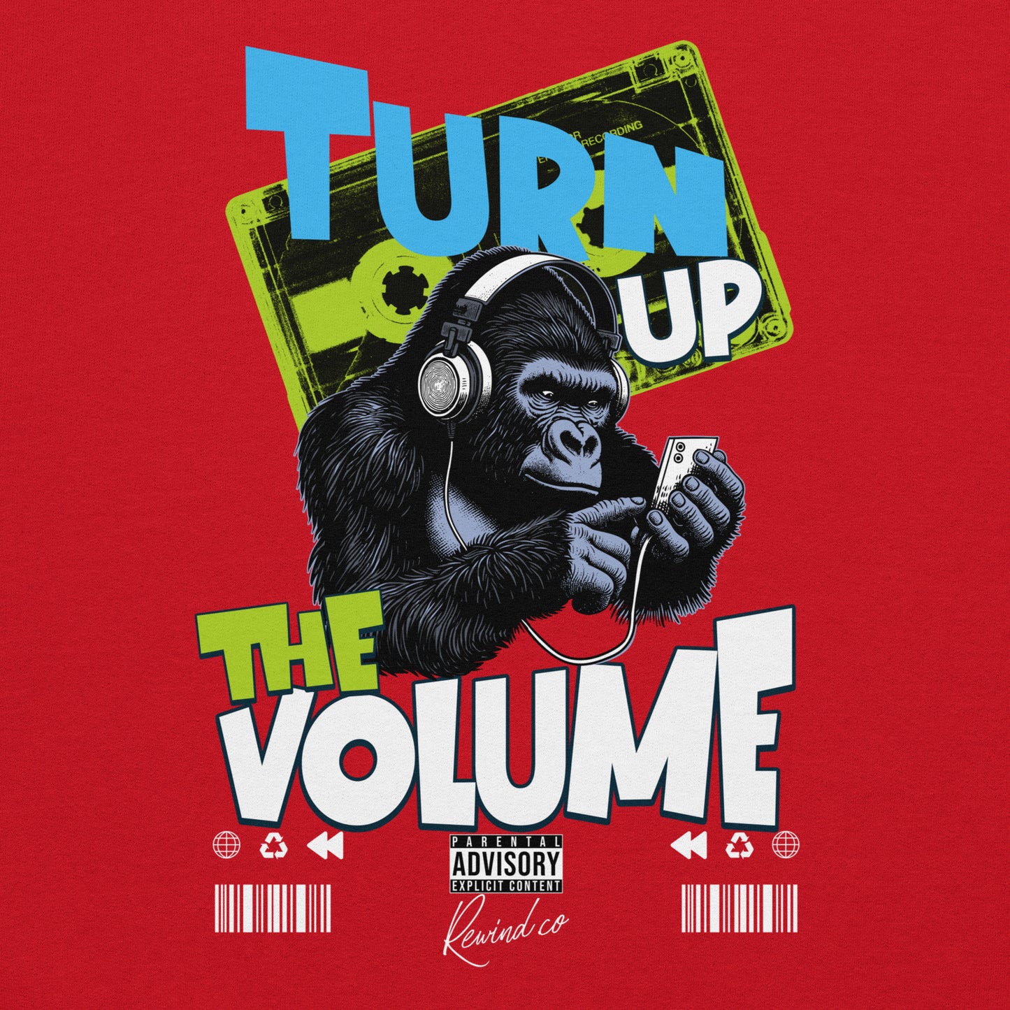 Unisex graphic sweatshirt with “Turn Up the Volume” gorilla design, cotton-poly crewneck by LostLogicCo Canada
