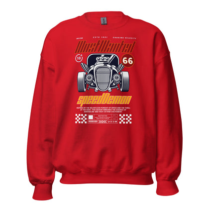 Unisex sweatshirt with “Most Wanted Speed Demon” retro hot rod design, classic crewneck pullover by LostLogicCo Canada