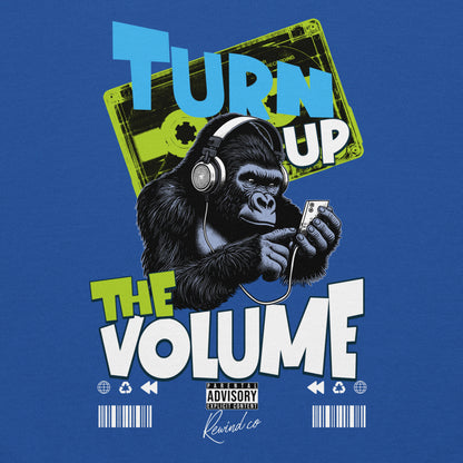 Unisex graphic sweatshirt with “Turn Up the Volume” gorilla design, cotton-poly crewneck by LostLogicCo Canada