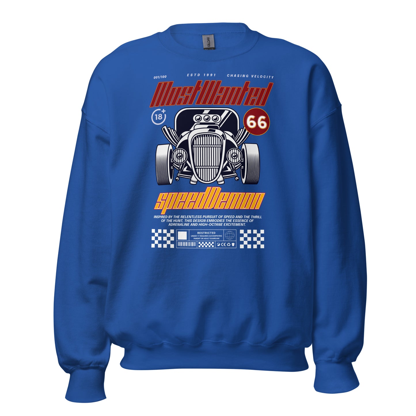 Unisex sweatshirt with “Most Wanted Speed Demon” retro hot rod design, classic crewneck pullover by LostLogicCo Canada