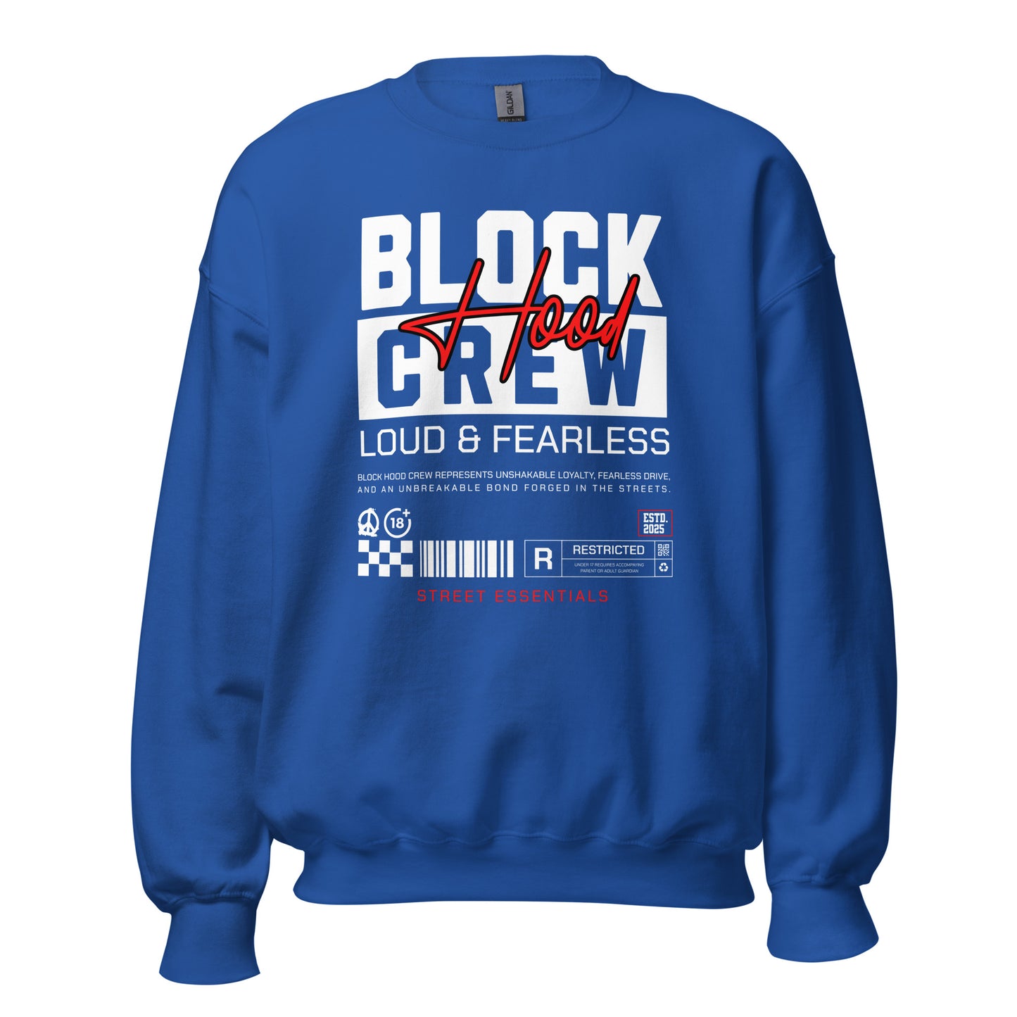 Unisex sweatshirt with “Block Hood Crew Loud & Fearless” typography in red and white, urban streetwear design by LostLogicCo Canada
