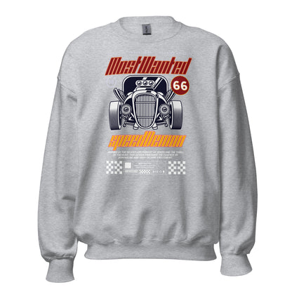 Unisex sweatshirt with “Most Wanted Speed Demon” retro hot rod design, classic crewneck pullover by LostLogicCo Canada