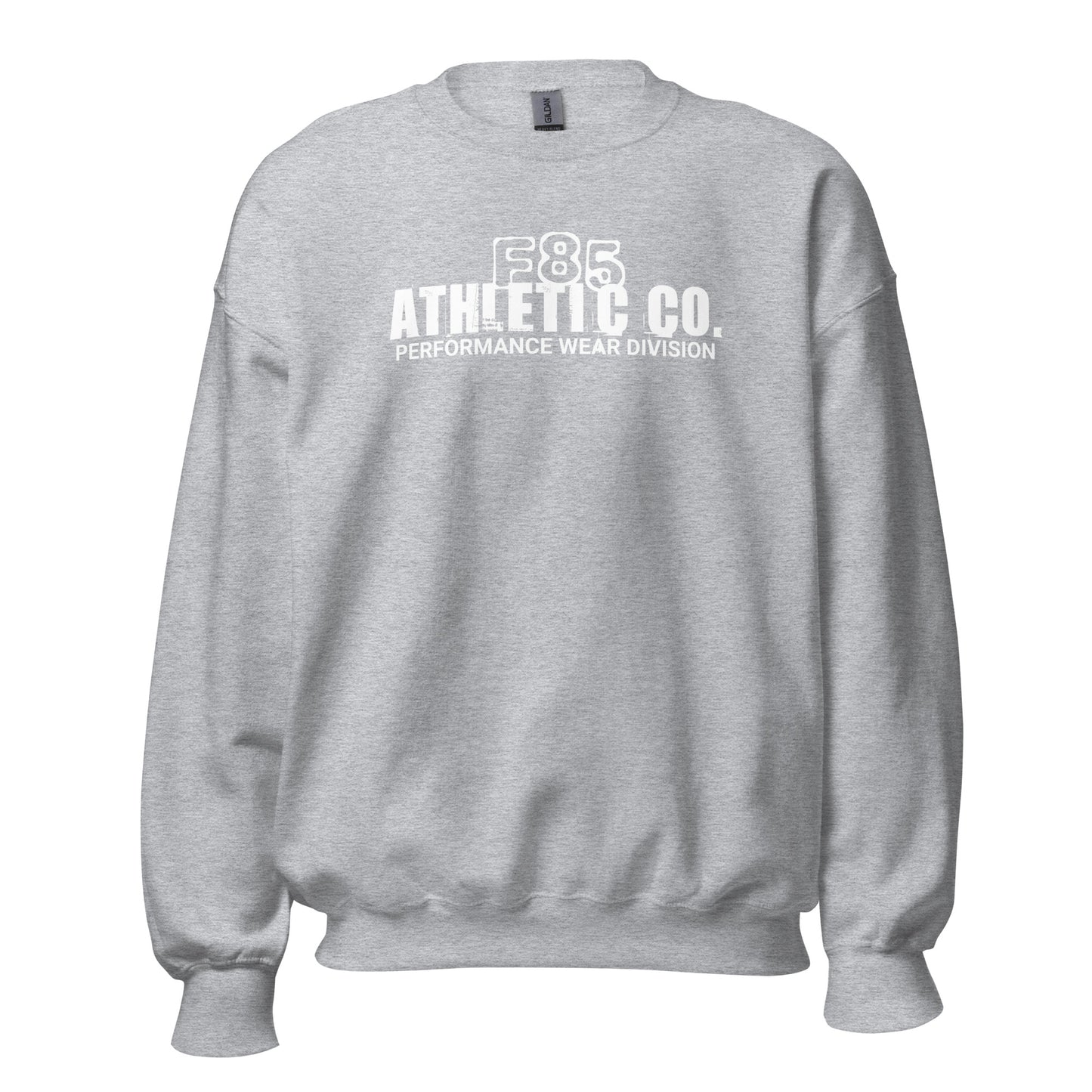 Unisex sweatshirt with “F85 Athletic Co. Performance Wear Division” minimalist front print in white, classic crewneck pullover by LostLogicCo Canada