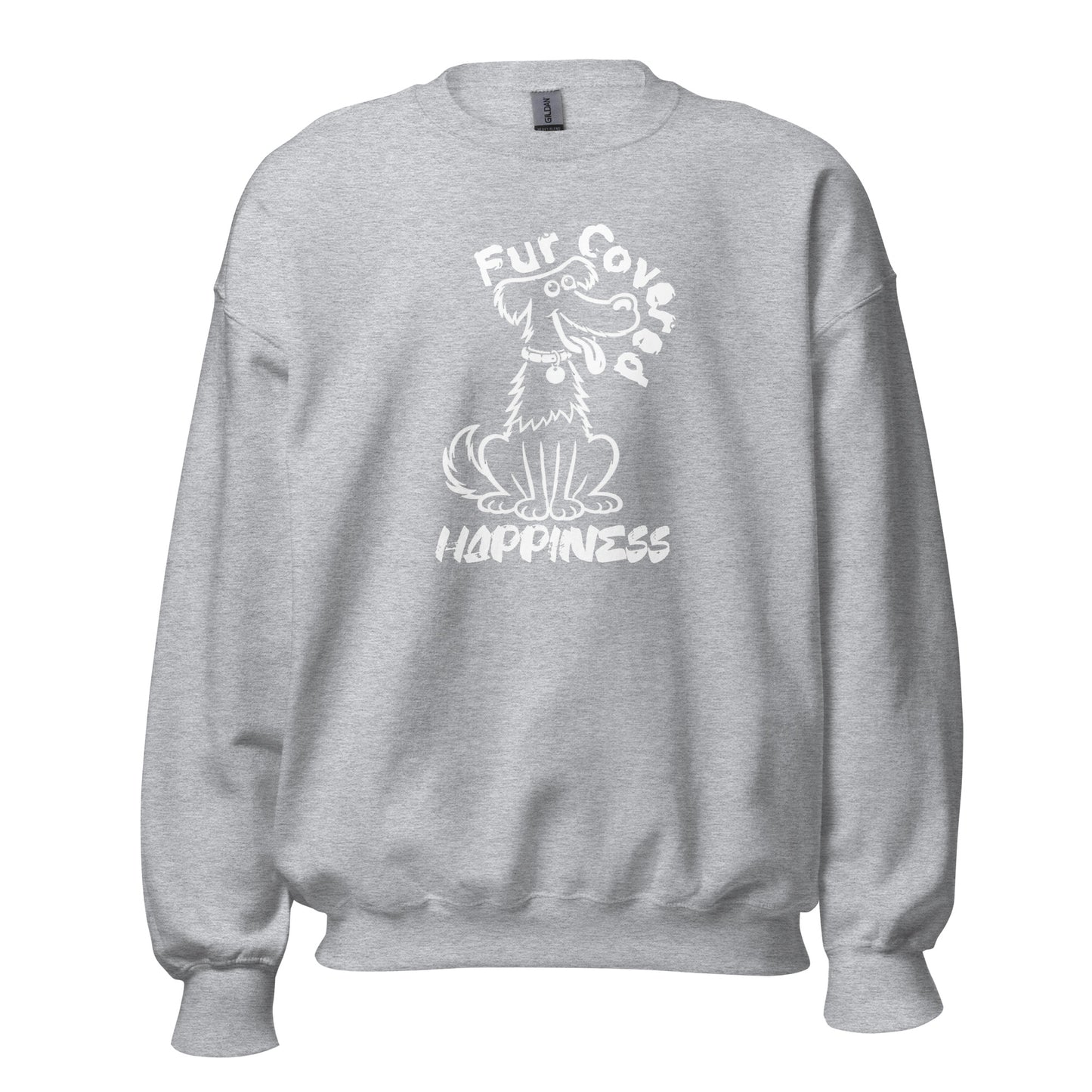 Fur Covered Happiness dog illustration printed on unisex crew neck sweatshirt