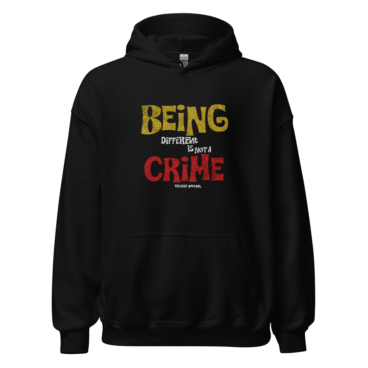 Unisex hoodie with yellow and red distressed typography reading “Being Different Is Not a Crime,” black fleece hoodie by LostLogicCo Canada