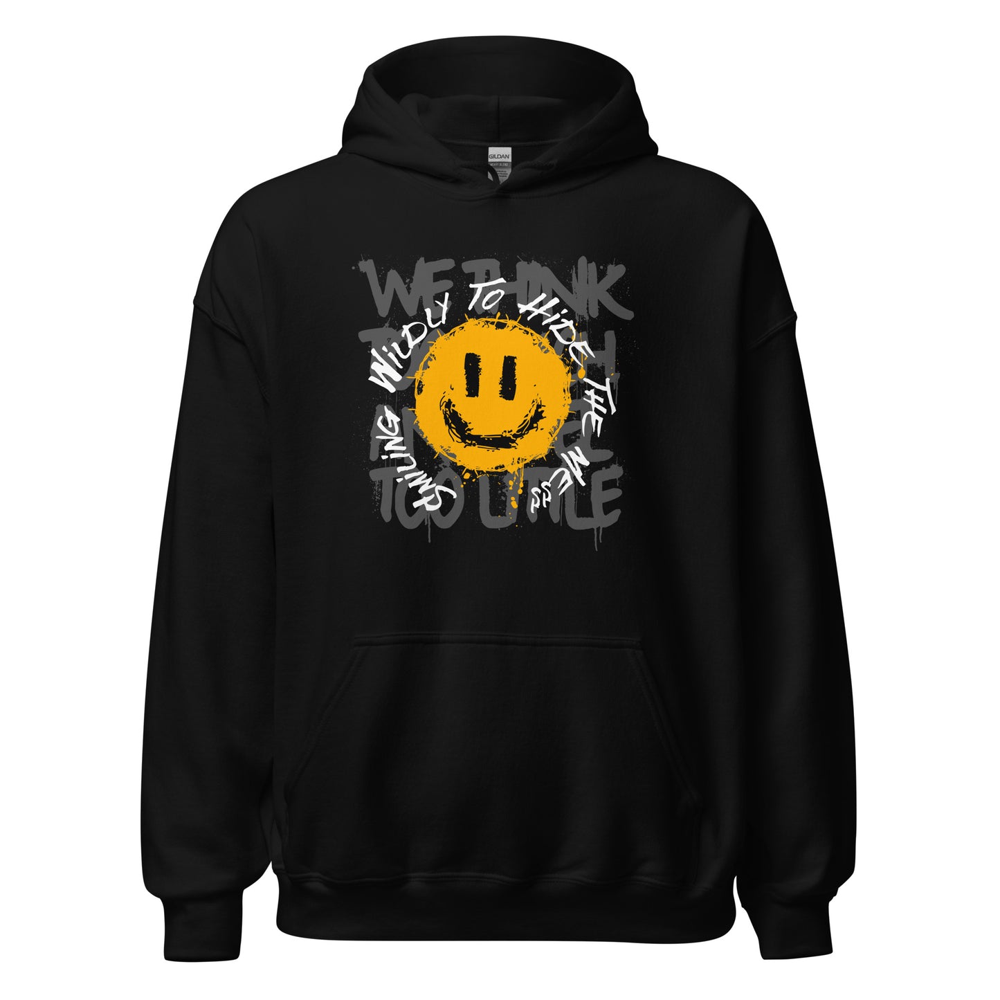 Unisex hoodie with distressed yellow smiley face and graffiti-style “Smiling Wildly To Hide The Mess” text, black fleece hoodie by LostLogicCo Canada