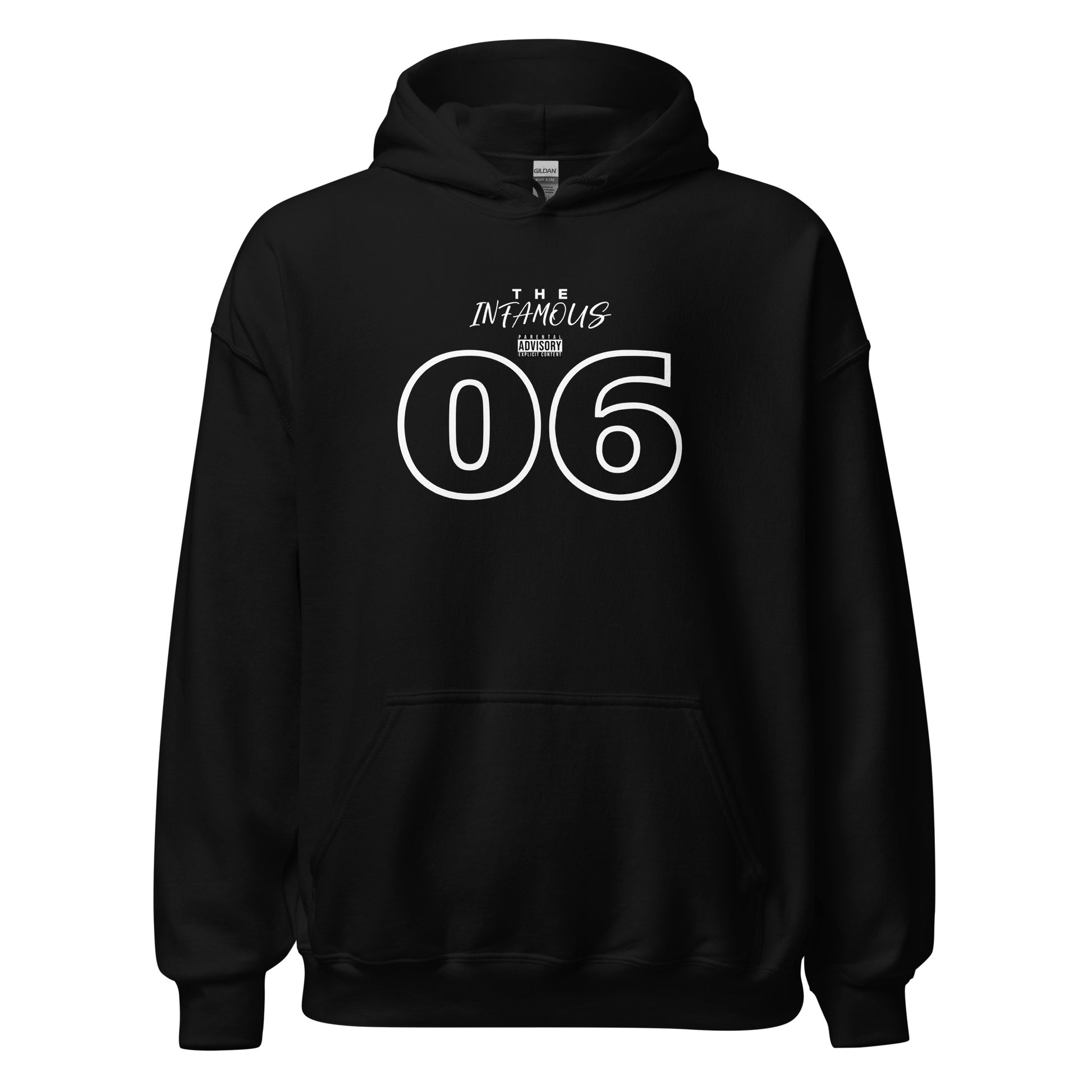 Unisex hoodie with outlined “06” graphic and “The Infamous” text, black fleece hoodie by LostLogicCo Canada