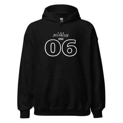 Unisex hoodie with outlined “06” graphic and “The Infamous” text, black fleece hoodie by LostLogicCo Canada