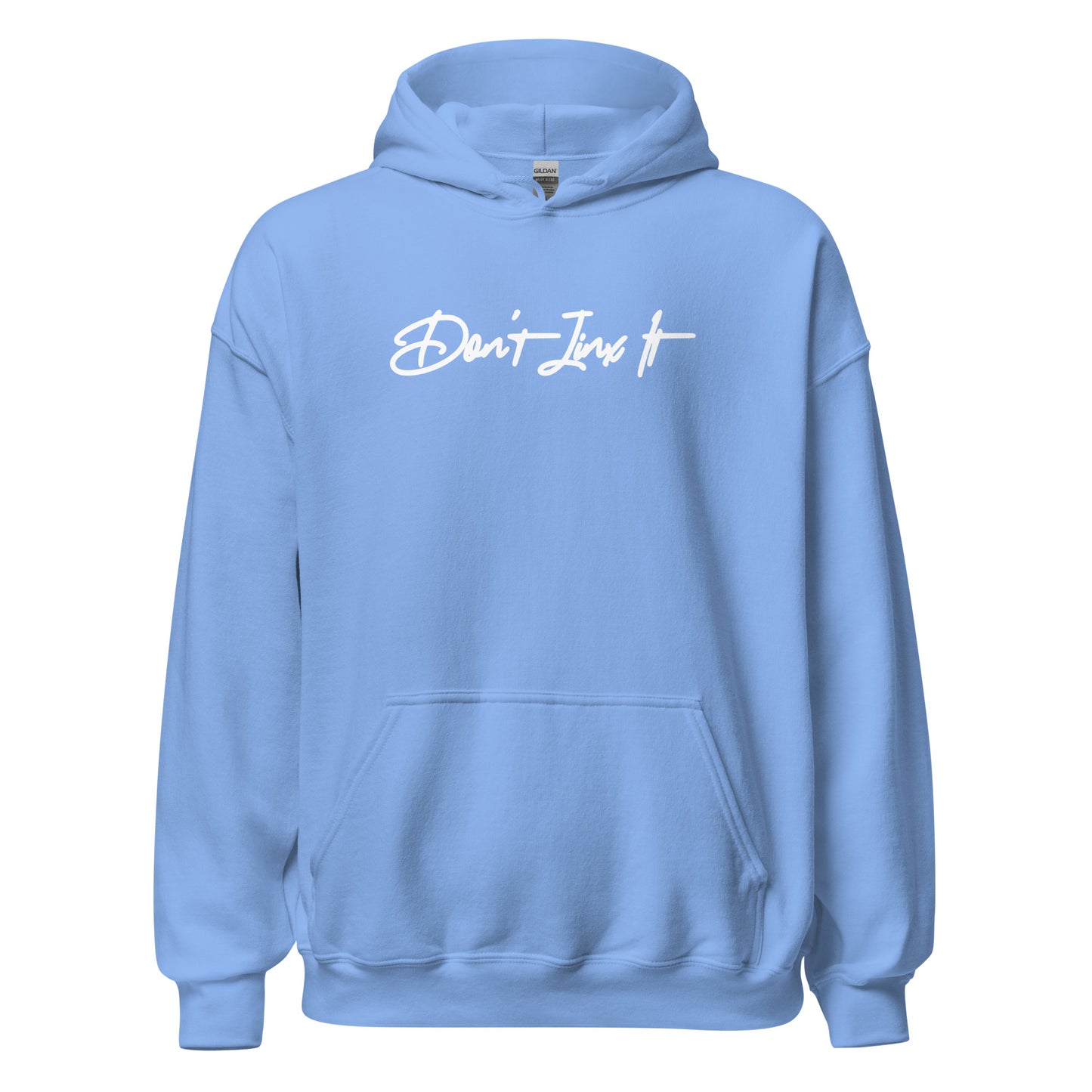 Unisex hoodie with “Don’t Jinx It” handwritten script design in white, minimal black fleece hoodie by LostLogicCo Canada