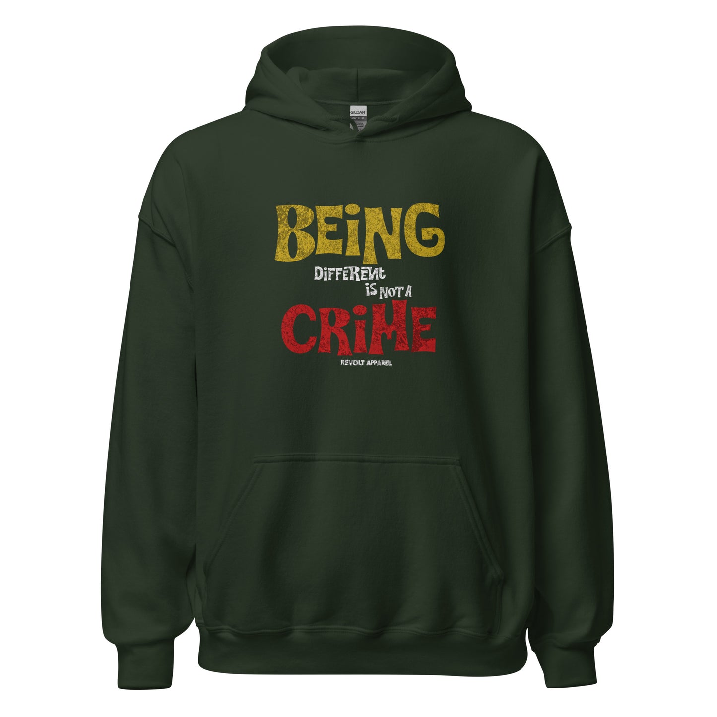 Unisex hoodie with yellow and red distressed typography reading “Being Different Is Not a Crime,” black fleece hoodie by LostLogicCo Canada